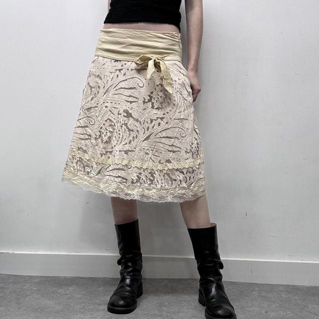 Cream lace preppy coquette midi skirt