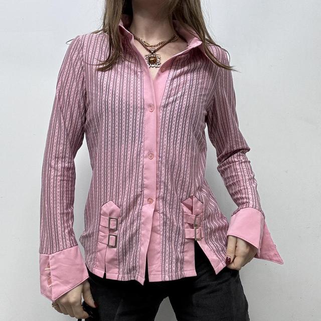 Pink pinstriped flared buckle shirt