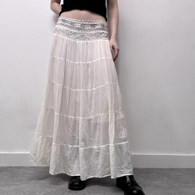 White flared embroidered maxi skirt