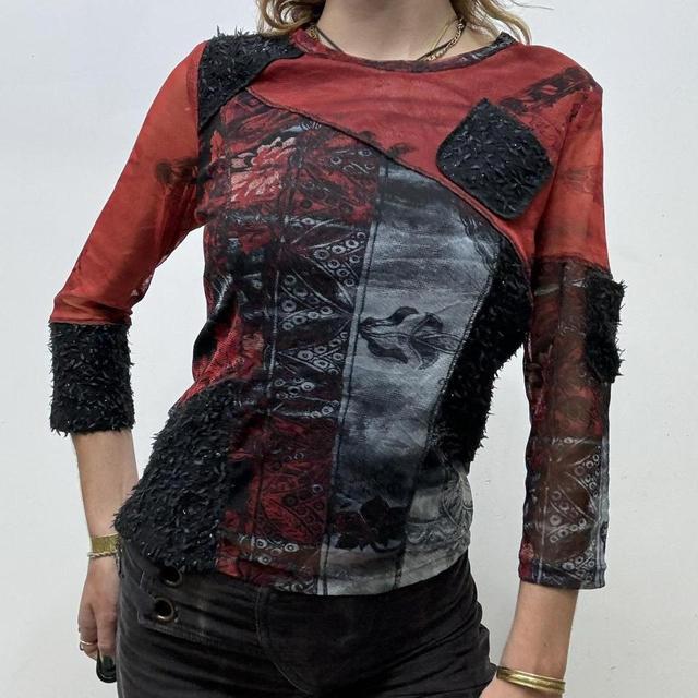 Black mesh red floral top