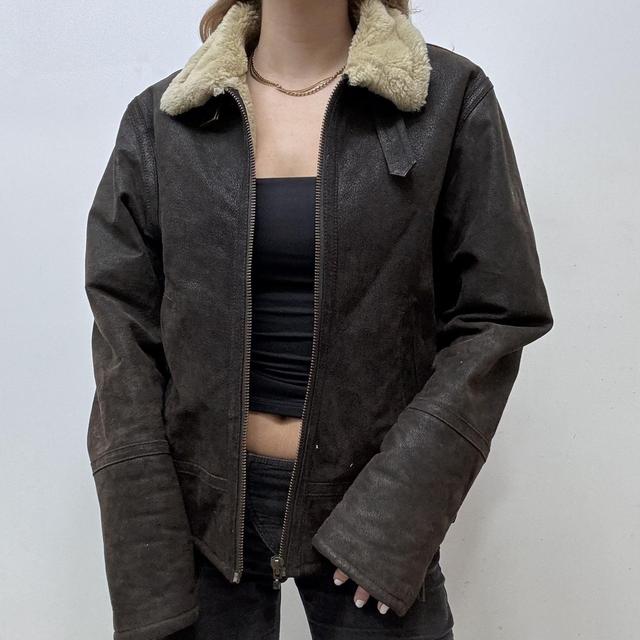 Brown leather suede aviator jacket