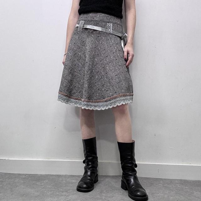 Grey tweed preppy flared lace midi skirt