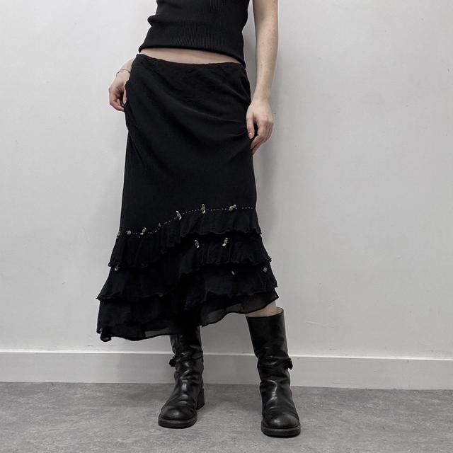 Black layered silk bow midi skirt