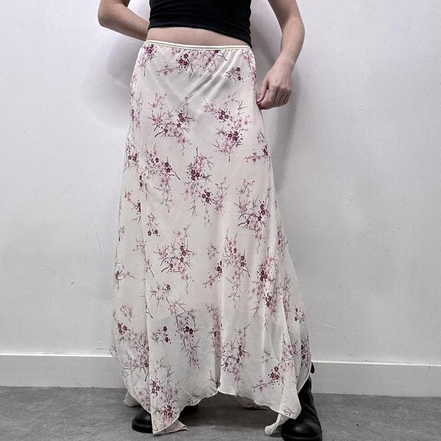 Sheer cream floral asymmetric maxi skirt