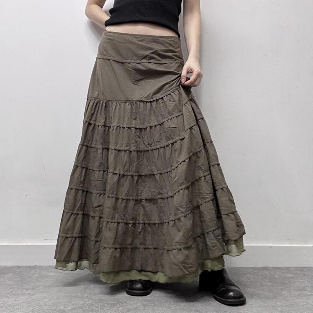 Khaki layered flared maxi skirt
