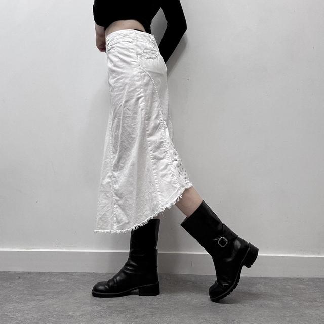 White flared distressed midi skirt