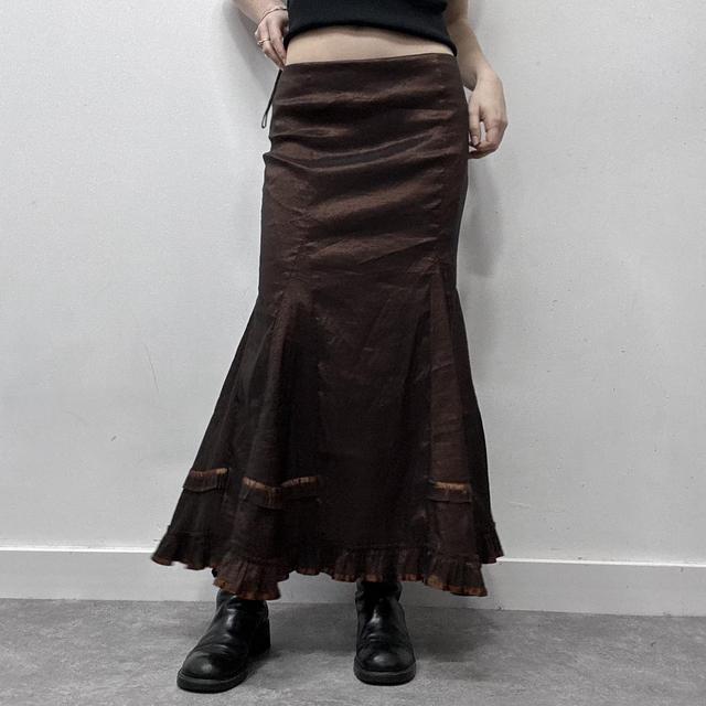 Brown satin flared maxi skirt