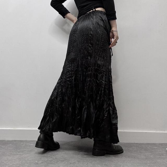 Black crinkle satin flared maxi skirt