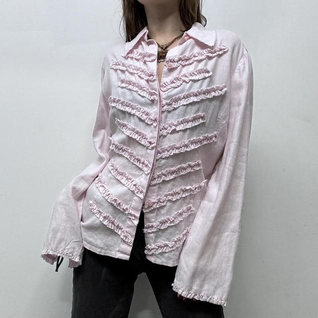 Pink flared distressed ruffle shirt