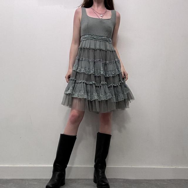 Flared lace mesh ruffle dress