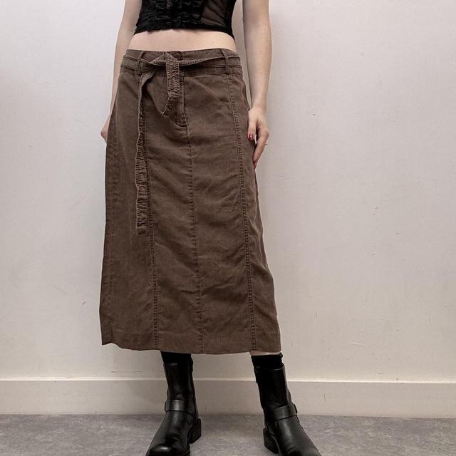 Brown linen lace midi skirt