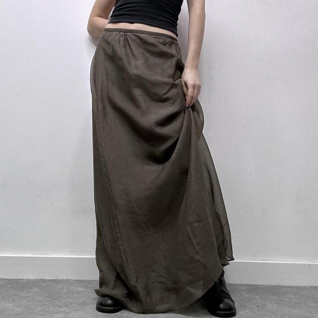 Khaki green sheer layered silk maxi skirt
