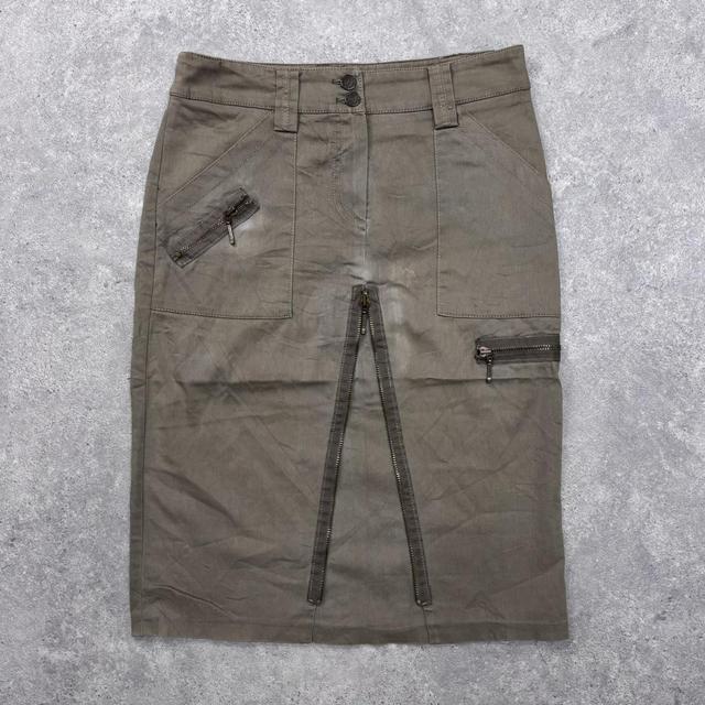 Khaki cargo zipper midi skirt