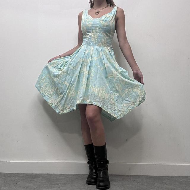 Blue graphic printed balloon puff midi dress