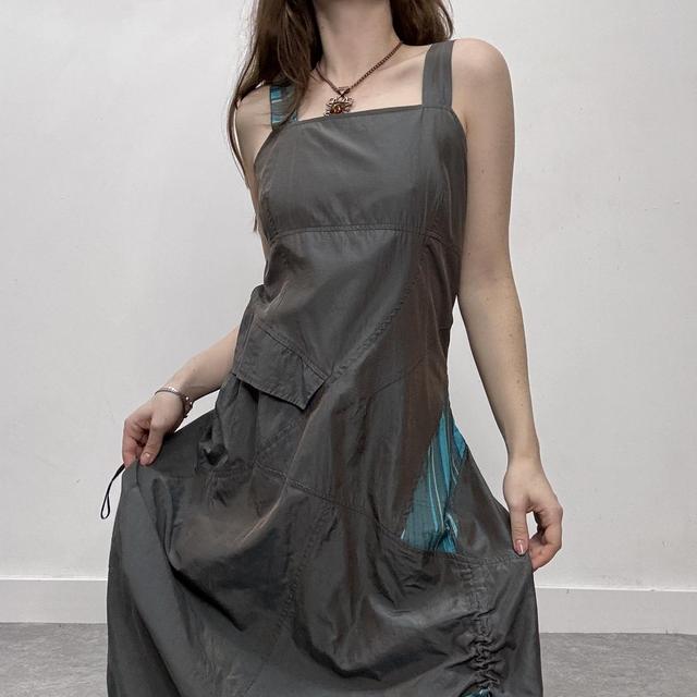 Pinstripe nylon asymmetric maxi dress
