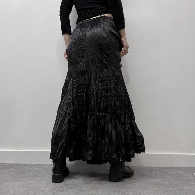 Black crinkle satin flared maxi skirt