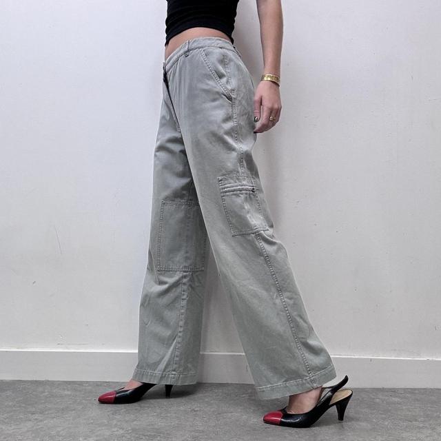 Wide leg flared khaki distressed utility trousers