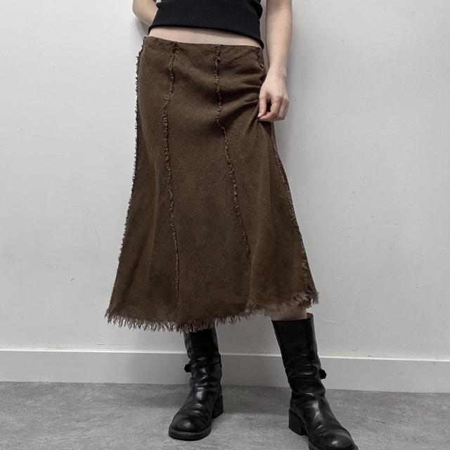Brown distressed frayed maxi skirt
