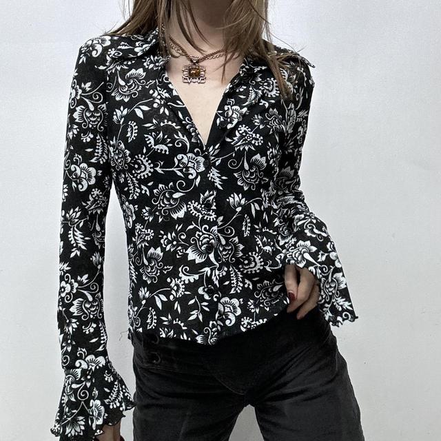 Black floral sheer mesh lace shirt
