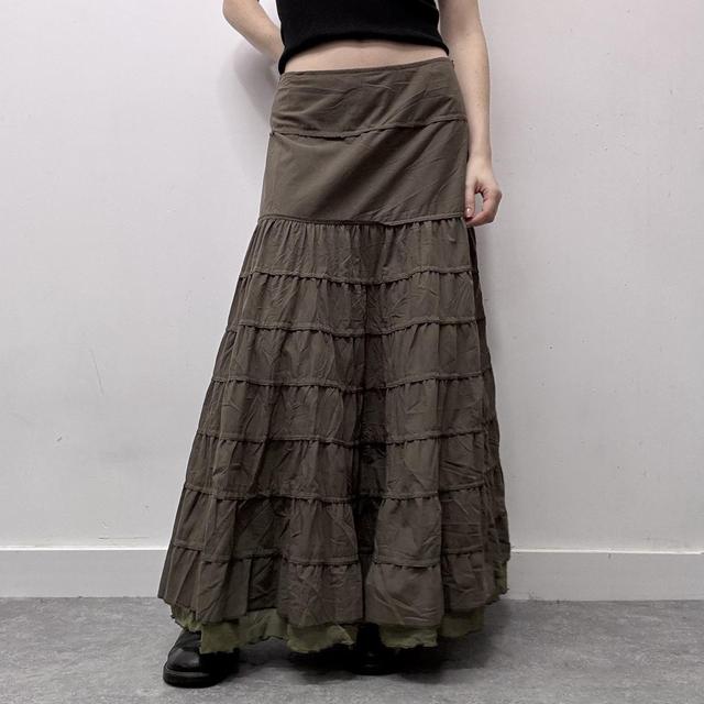 Khaki layered flared maxi skirt