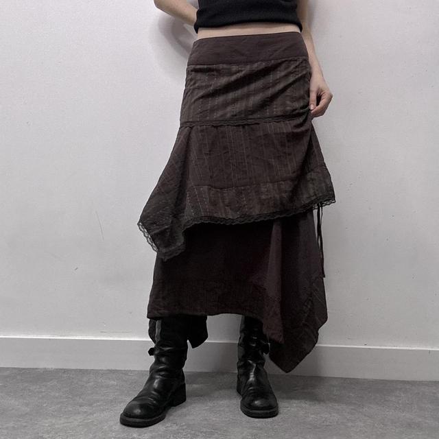 Asymmetric brown pinstripe layered maxi skirt