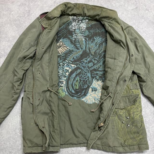Khaki cargo distressed graphic jacket