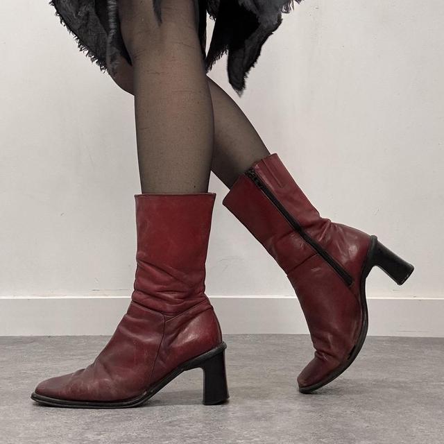 Red leather square toe boots