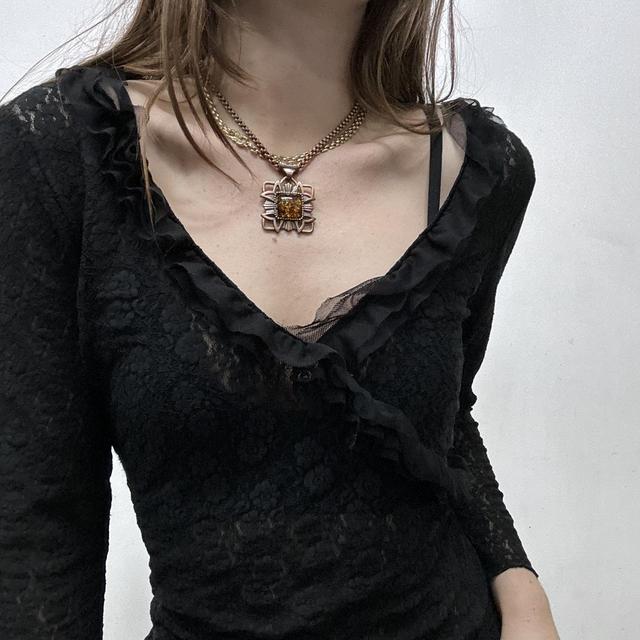 Black sheer lace wrap ruffle shirt