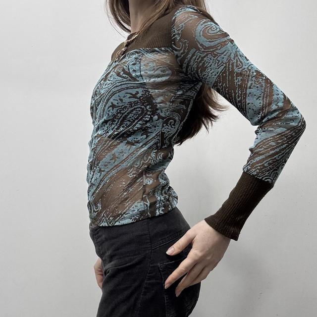 Sheer brown paisley mesh long sleeve top