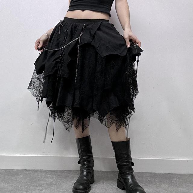 Black lace puff asymmetric grunge midi skirt