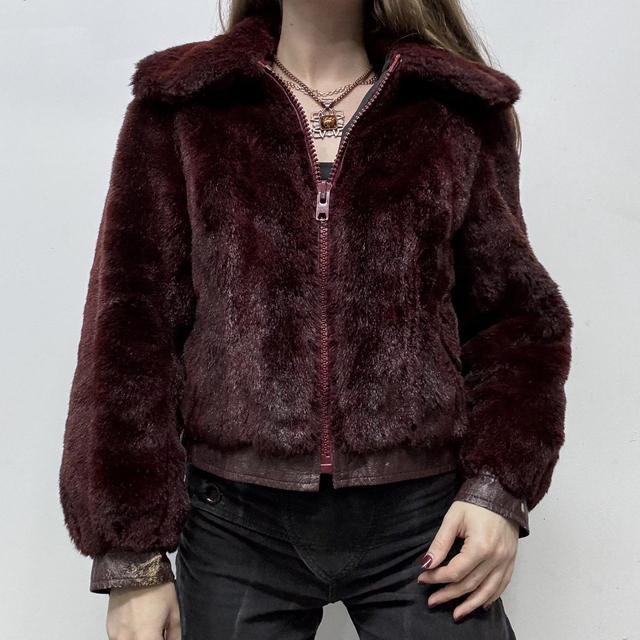 Red burgandy cropped fur jacket