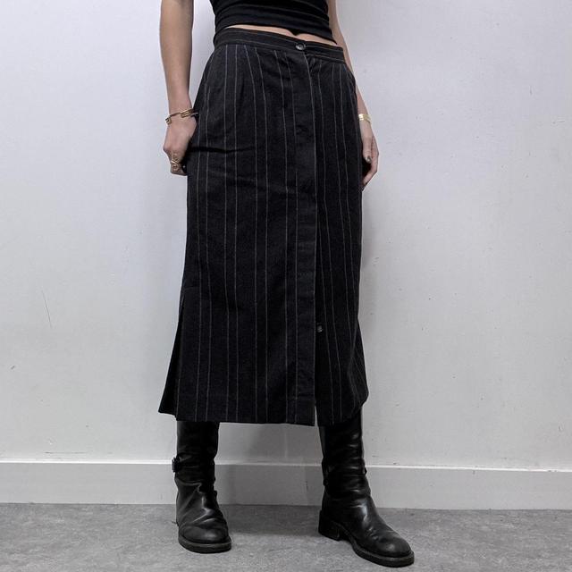 Grey pinstripe flared slit midi skirt