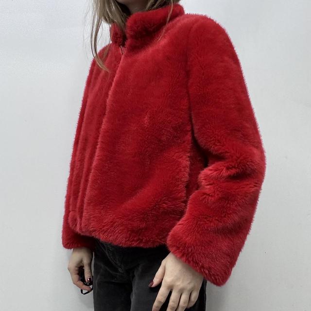 Red faux fur jacket