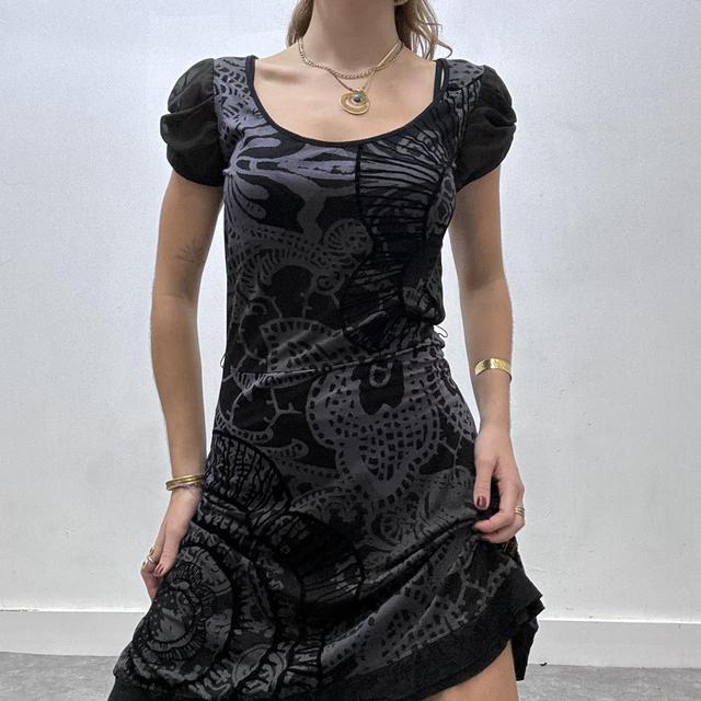 Black printed grunge graphic midi dress