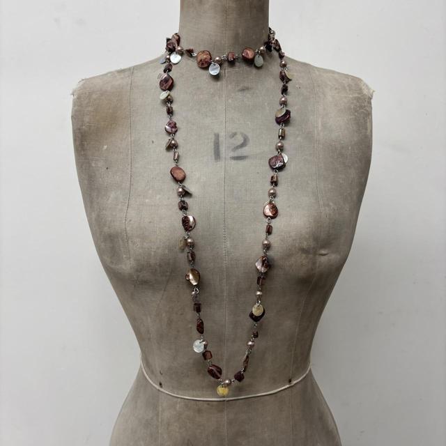 Brown layered chain pearl necklace