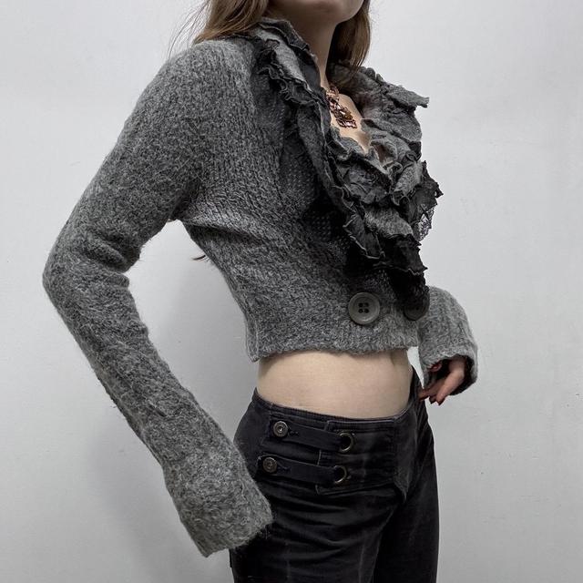 Grey ruffle lace knit cropped wrap cardigan