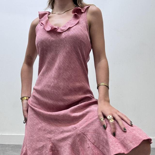 Pink linen ruffle bias cut dress