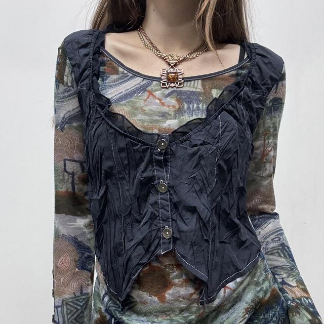 Sheer graphic patterned layered waistcoat top