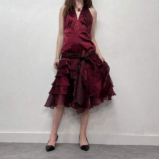Silky ruffle burgundy satin puffy dress