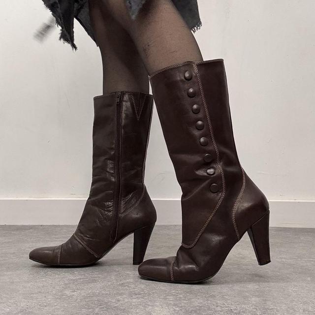 Dark brown leather heel button boots
