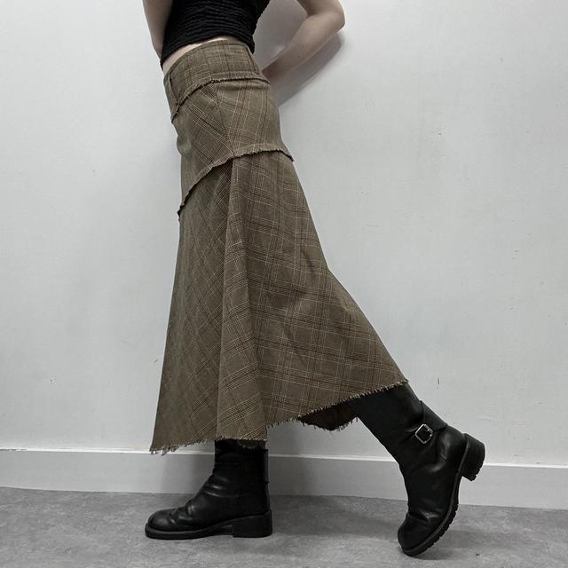 Khaki checked tartan patchwork midi skirt