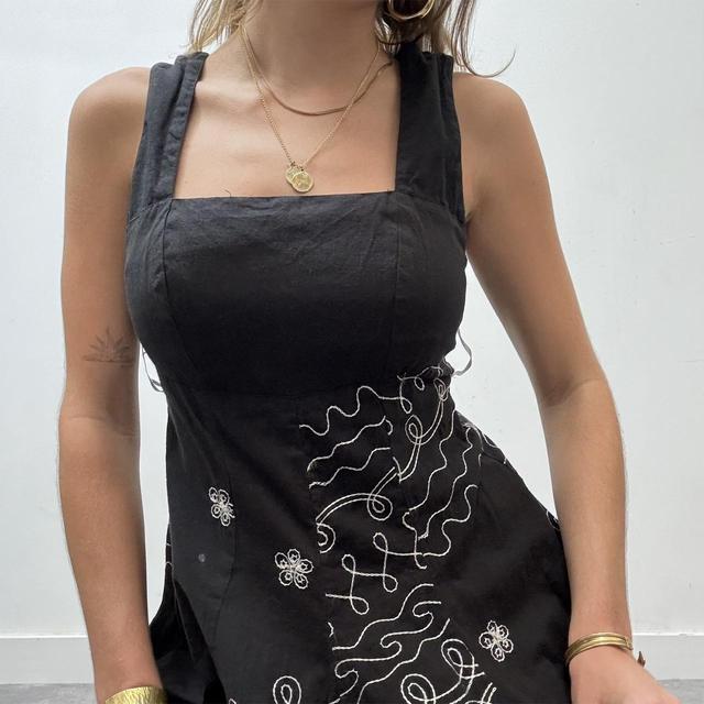 Black boho embroidered flared midi dress