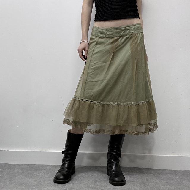 Green layered sheer mesh ruffle midi skirt