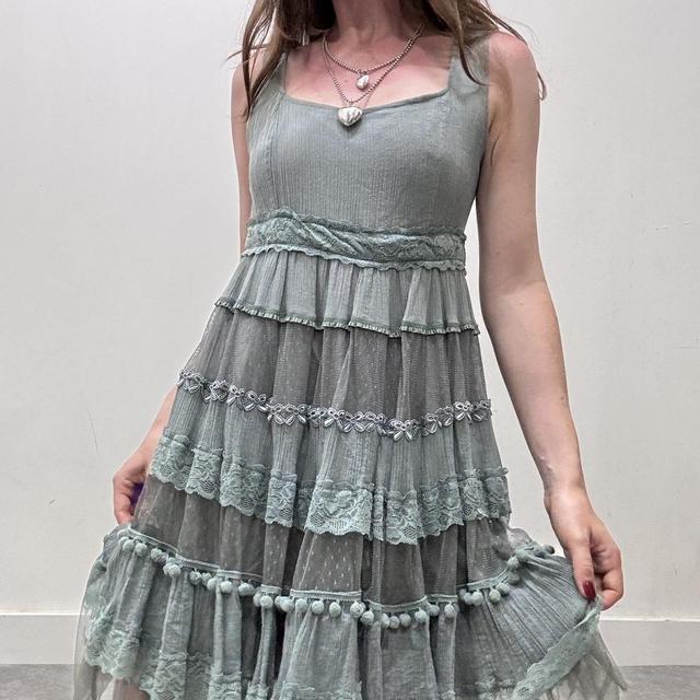 Flared lace mesh ruffle dress