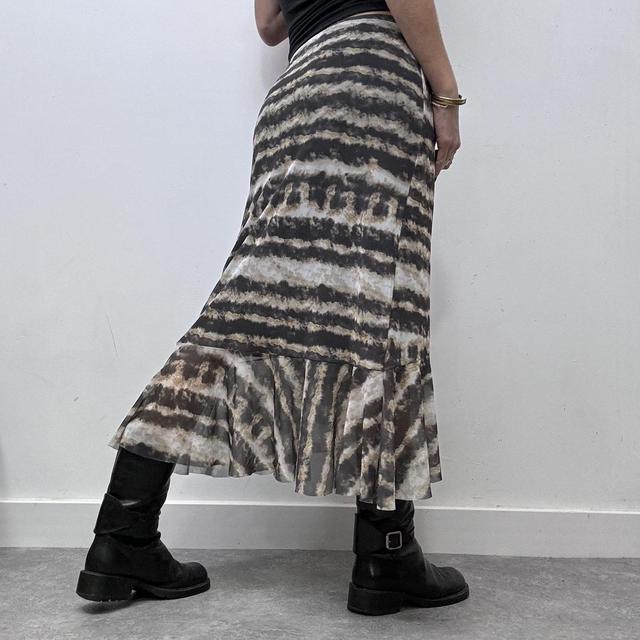 Sheer mesh distressed print ruffle midi skirt