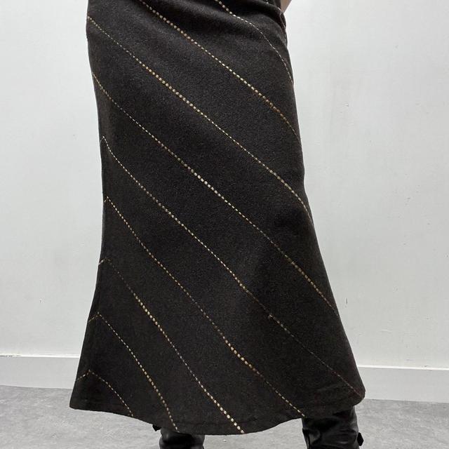Brown pinstripe diagonal wool midi skirt