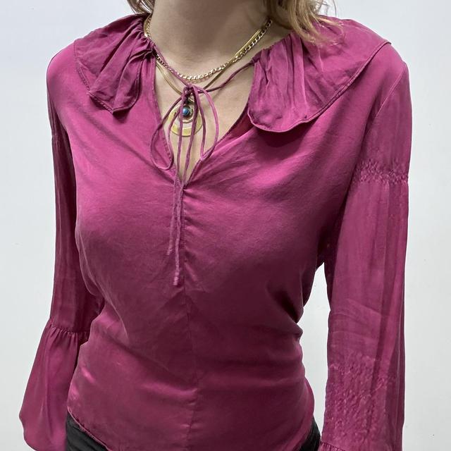 Pink flared ruffle silk coquette shirt