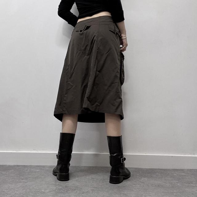 Brown pinstripe flared cargo midi skirt