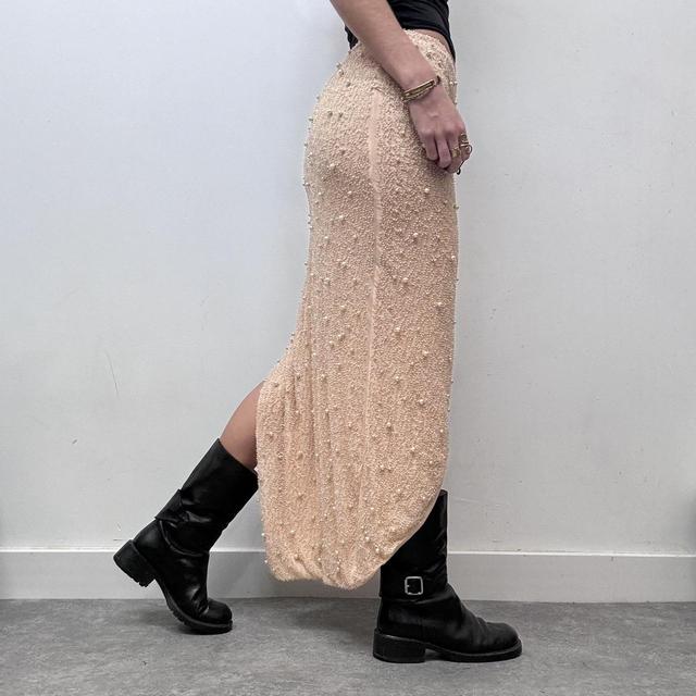 High slit beaded tan maxi skirt