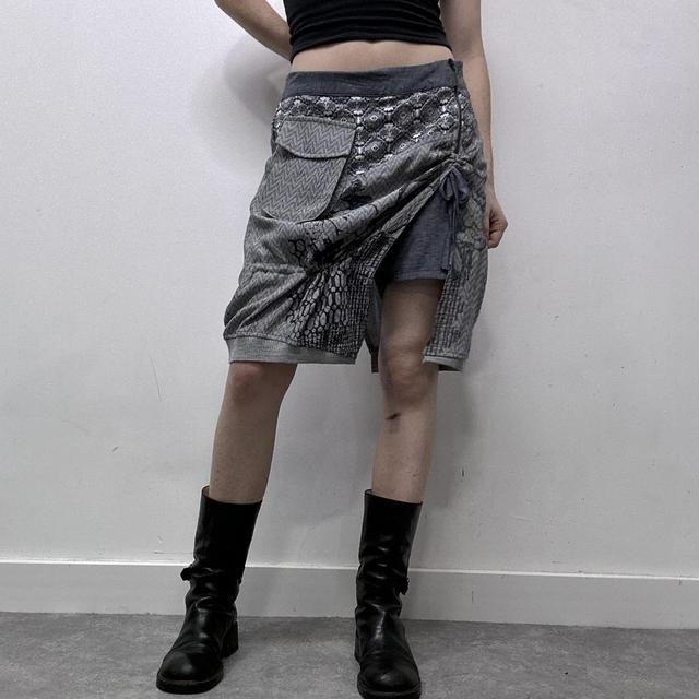 Grey graphic patterned asymmetric midi skirt